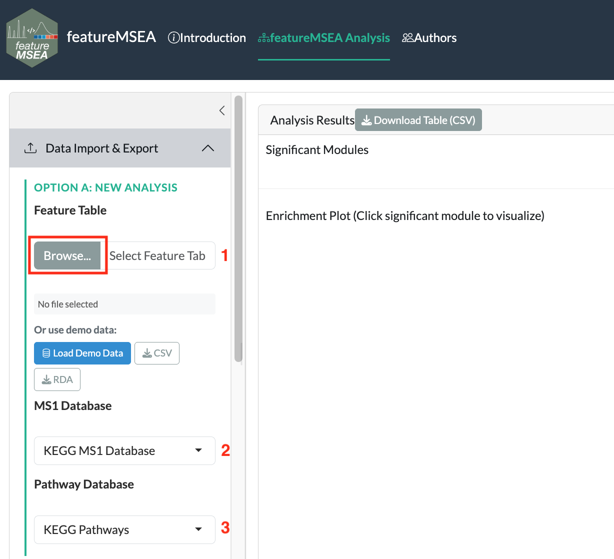 Data upload panel: upload the feature table and select the reference databases