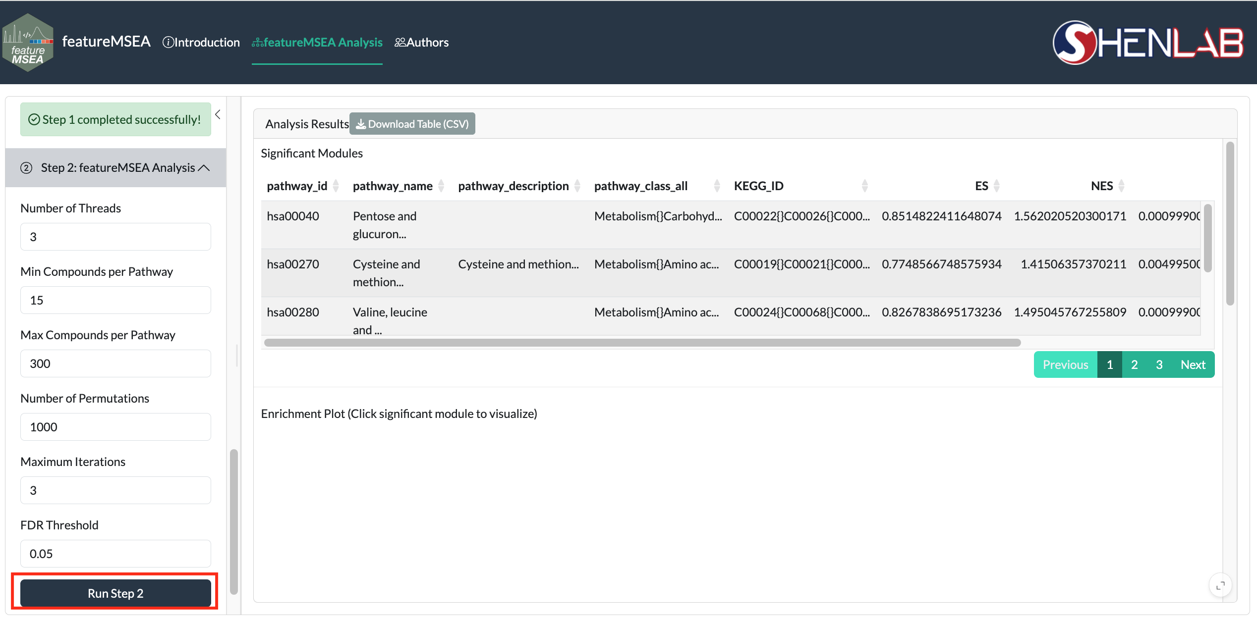Step 2: featureMSEA enrichment parameters