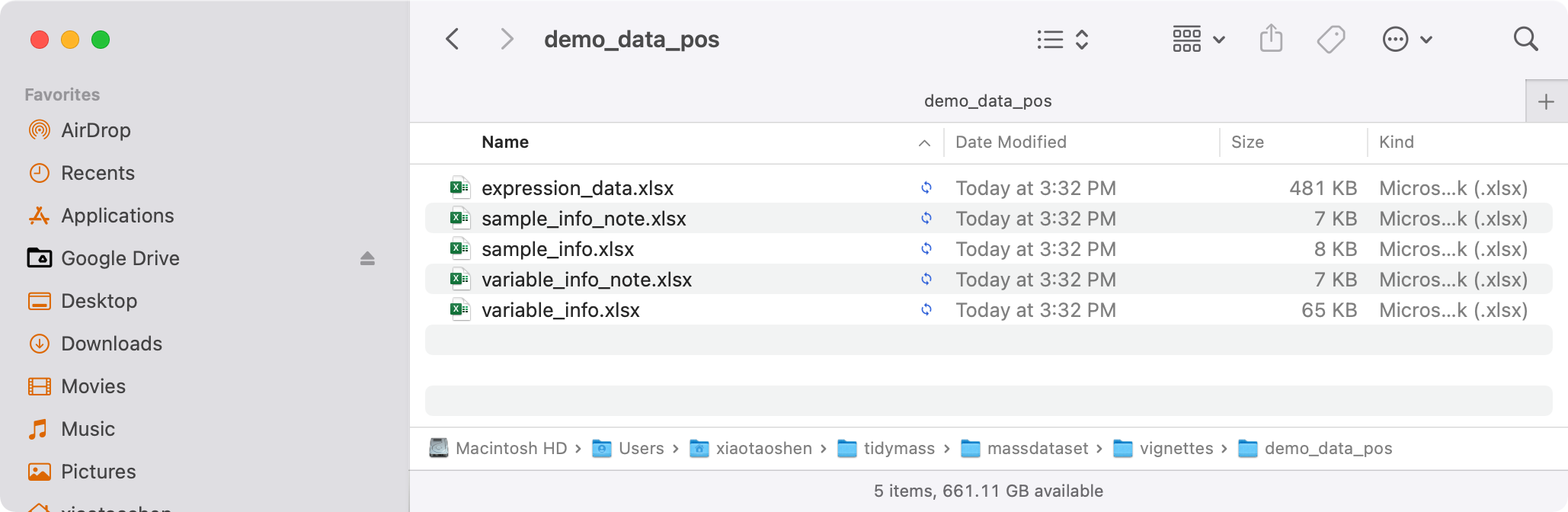 Example exported mass_dataset files saved in the demo_data_pos folder.